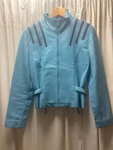 구제 의류 스카이블루 가죽 자켓 스트라이프 디자인