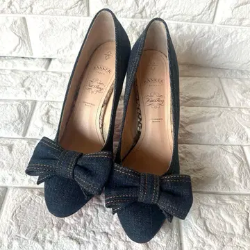 거의 새상품 Banker Tokyo 하이힐 레드 밑창 데님 리본 포함