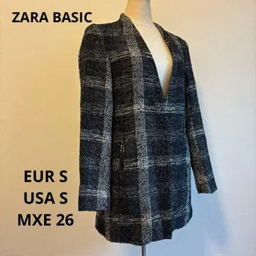 ZARA BASIC 블랙/화이트 체크 무늬 트위드 노카라 코트