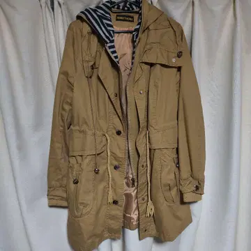 JENNYTHONG 카멜색 스트라이프 후드 자켓 (포켓 포함)