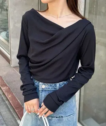 2WAY 드레이프 오프숄더 리브 롱 T RANAN