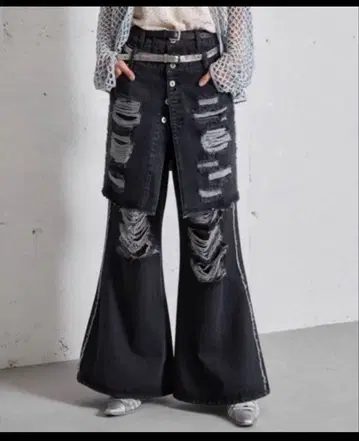 seyto 데미지 레이어드 플레어 데님 팬츠 스커트만