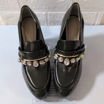 비쥬 장식 로퍼 하이힐 카키 블랙 L 사이즈 10cm