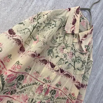 빈티지 블라우스 꽃무늬 리프 레트로 걸리시 크림 핑크