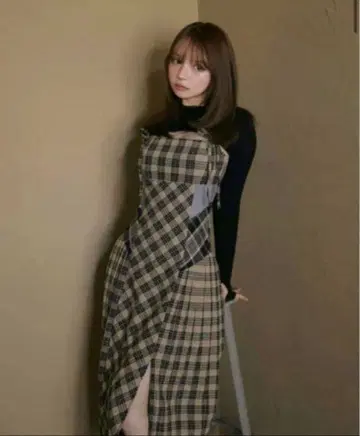 andmary Nadia 체크 롱 드레스 베이지