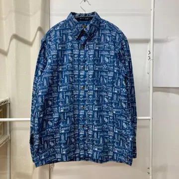 SUN SURF 알로하 패턴 블루 코튼 긴팔 셔츠 L 사이즈