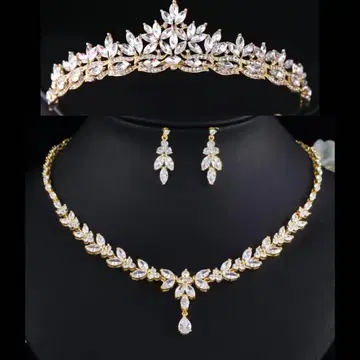 골드 지르코니아 티아라 & 목걸이 & 귀걸이 세트 3종 세트 웨딩 결혼식