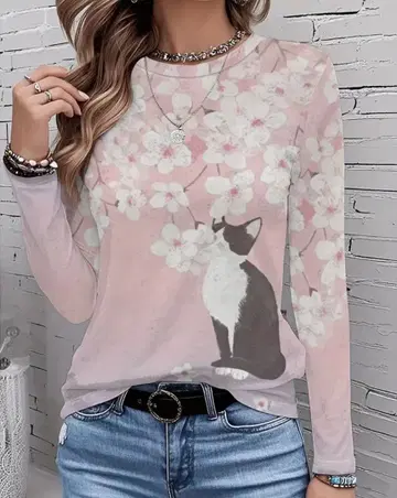 새상품 벚꽃과 고양이 프린트 긴팔T셔츠