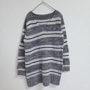 그레이 화이트 스트라이프 스웨터 긴 길이 V넥 프리 사이즈