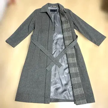 SANYO COAT 그레이 롱 코트 여성용 체크