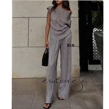 esutoreja*플리츠 숏 슬리브 셋업*그레이시 베이지