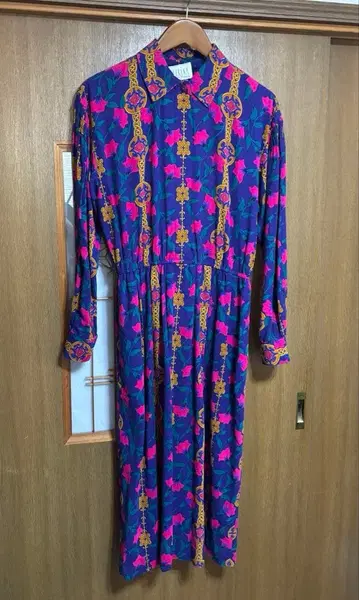 빈티지 꽃무늬 롱 드레스 보라색 핑크