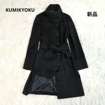 쿠미쿄쿠 캐시미어 100% 롱 코트 스탠드 칼라 벨트 블랙