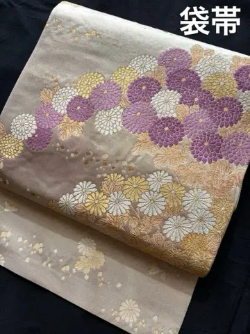 후쿠로 오비 꽃무늬 자수 국화 제왕 보라색 금실 사용 2회 새상품급