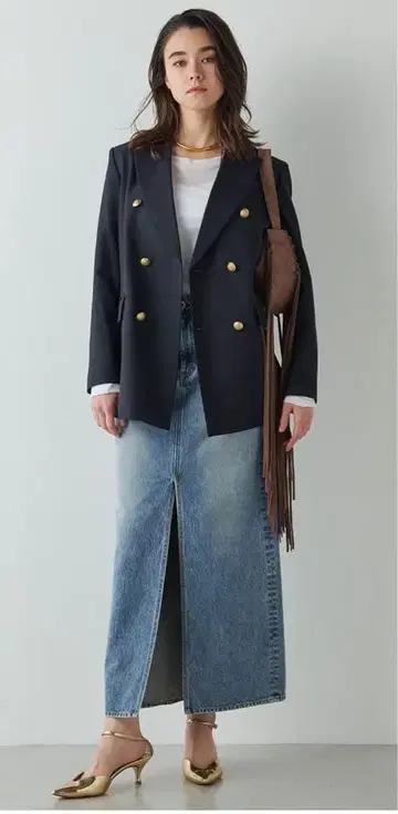 새상품급 윔 가젯 데님 슬릿 스커트 36 블루