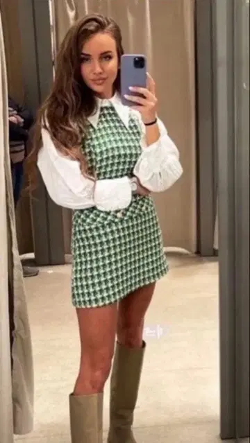 ZARA 슬리브리스 체크 무늬 원피스 트위드풍