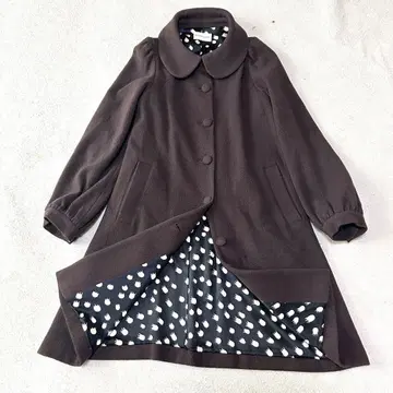 츠모리치사토 울 롱 코트 퍼프 슬리브 싸개 버튼 레트로 실크 둥근 카라