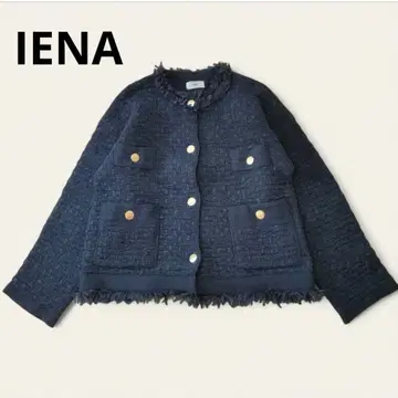 이에나 트위드 니트 자켓 골드 버튼 노카라 네이비 IENA