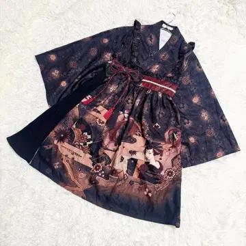 기모노풍 일본풍 패턴 하이웨스트 A라인 원피스 고스로리 다이쇼 로망