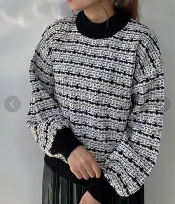 AS KNOW AS plus 트위드풍 니트 풀오버 스웨터 블랙 화이트