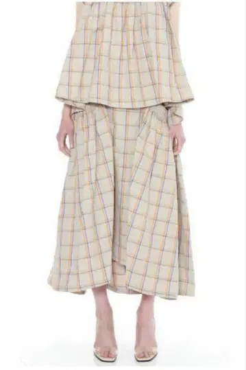 TEIJA 체크 무늬 플레어 롱 스커트