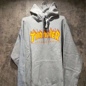 택 포함 새상품 THRASHER 프레임 로고 그레이 후드티 M