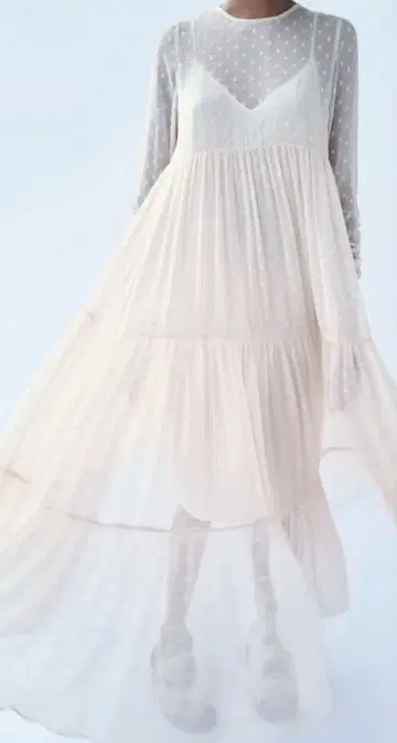 ZAR 시스루 도트 무늬 롱 원피스 드레스