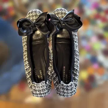 리본 포함 트위드 플랫슈즈