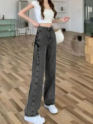 와이드 레그 데님 팬츠 그레이 블랙 2착