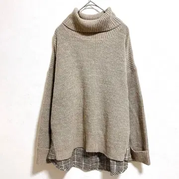 잔파 니트 스웨터 울 혼방 베이지 터틀넥 드롭 숄더
