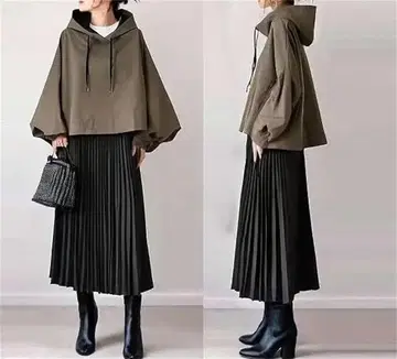 여성용 셋업 플리츠 롱 스커트 성숙/러블리 후드티 브라운 x 블랙