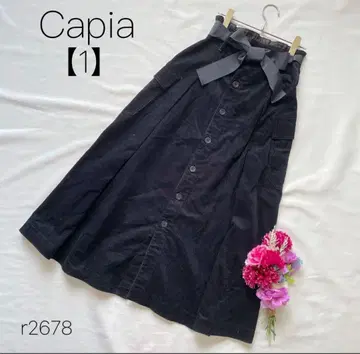 플레어 스커트 면 100% 코듀로이 허리 리본 롱 네이비 [ 1 ] S