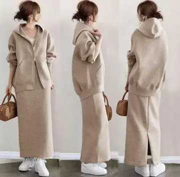 셋업 캐주얼 페미닌 집업 후드티 스커트 2종 세트