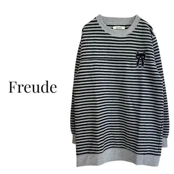 Freude 보더 티셔츠 긴팔 고양이 자수 그레이 블랙 트레이닝복 귀여운