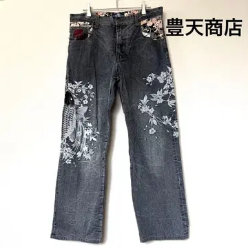 호텐 상점 잉어 자수 청바지 M 일본풍 패턴 블랙 데님 부덴
