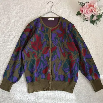 레트로 구제 의류 올 패턴 니트 가디건 긴팔 모스그린 울 혼방 일본제