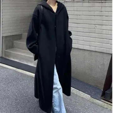 FASHIRU 멜톤 후디 롱 코트 블랙