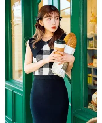 시착만 한 상품 다리치 귀여운 깅엄 체크 니트 롱 원피스 FREE