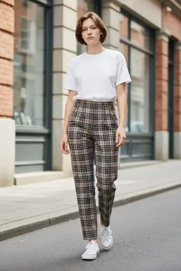 Spick & Span 삭소니 블록 체크 무늬 울 팬츠 M