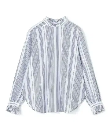 tomorrowland 블루 화이트 스트라이프 하이넥 프릴 셔츠