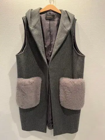 BARNYARDSTORM 후드 부착 그레이 롱 베스트 퍼 포켓