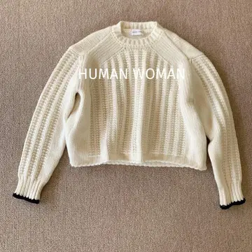 휴먼 우먼 크롭 니트 스웨터 화이트 네이비 울