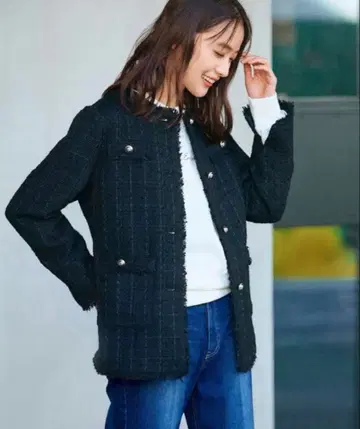 grove 노카라 프린지 트위드 자켓 블랙 골드 버튼