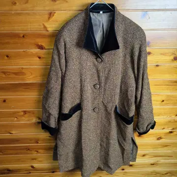 체스터 코트 브라운 벨벳 옷깃 레트로 빈티지 가을/겨울 트위드 L