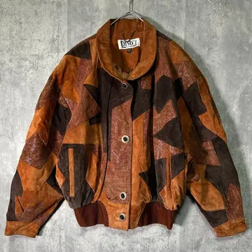 빈티지 가죽 패치워크 블루종 브라운