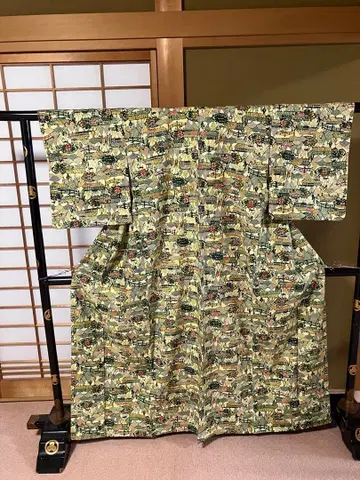 5 코몬 이중 기모노 지 순수 실크 형염 집과 범선