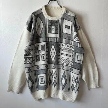 빈티지 총 패턴 니트 기하학 패턴 스웨터 아트 화이트 블랙 그레이 레트로