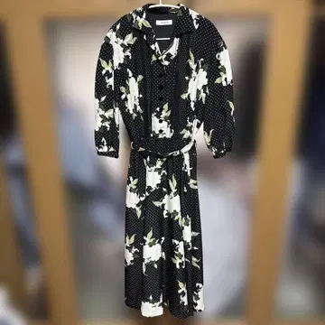 레트로 원피스 블랙 도트 꽃무늬