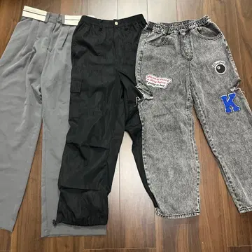 패치 데미지 데님, 그레이 와이드 팬츠 스트라이프 허리, 카고 팬츠