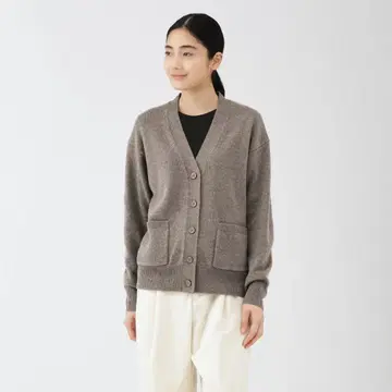 여성 세탁 가능한 울 미들 게이지 V넥 가디건 L 다크 모카 브라운